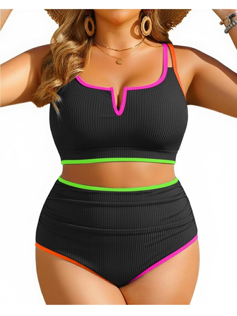 Younique Black Bikini with Neon Green, Pink & Orange Trim nwt plus size